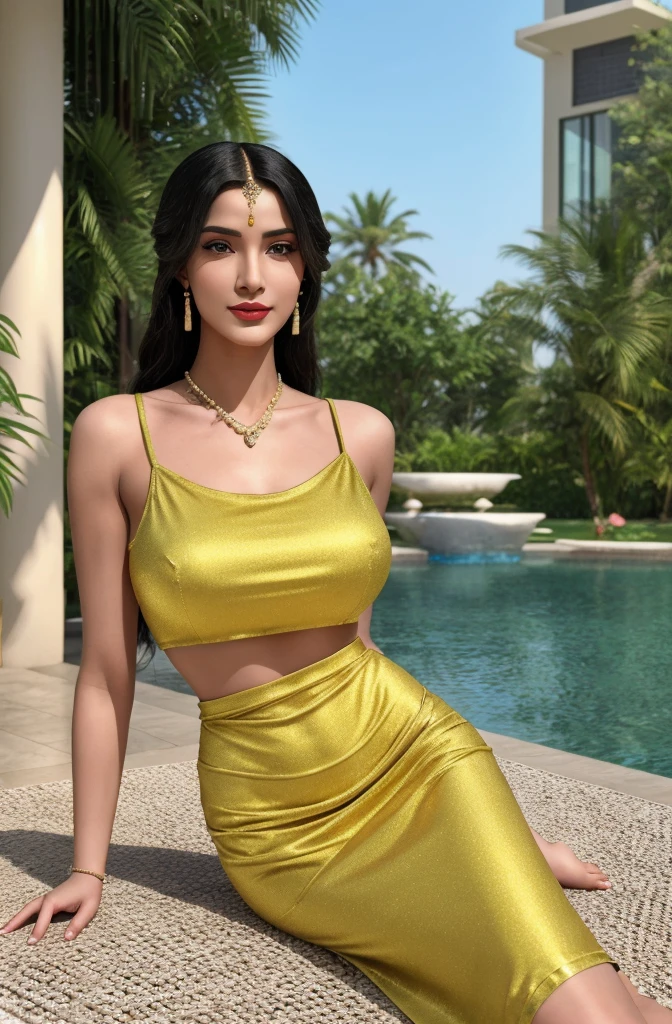 "Generate a modern, full-body, photorealistic digital artwork of Maharani Laxmibai in contemporary attire that subtly reflects her cultural background. Depict her with a mature and developed physique, embodying her early adulthood. Her attire should be stylish yet modest, reflecting her identity as a Muslim woman, with a touch of diamond crush in her dress for added elegance. Detail her face with beautiful eyes, long lashes, and stunning lipstick, complemented by an elegant hairstyle. Place her in a luxurious setting inside a modern Arabian-inspired palace, featuring sleek architecture and sophisticated decor. Ensure the artwork captures her regal presence and cultural heritage, showcasing her strength and grace in her early years. The artwork should be a detailed masterpiece filled with love and romance, emphasizing her timeless beauty and regal aura."