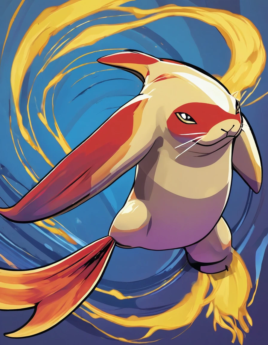 Image is a digital illustration of a stylized, pokèmon sea lion-like creature with a dynamic and energetic pose. The creature has a smooth, cream-colored body with a dark blue back and flippers. It has large, expressive red eyes and an open mouth showing sharp teeth, giving it an aggressive expression. Yellow lightning bolts emanate from its head, adding a sense of power and intensity. The background is a gradient of grey, which contrasts with the vibrant colors of the creature, making it stand out prominently.