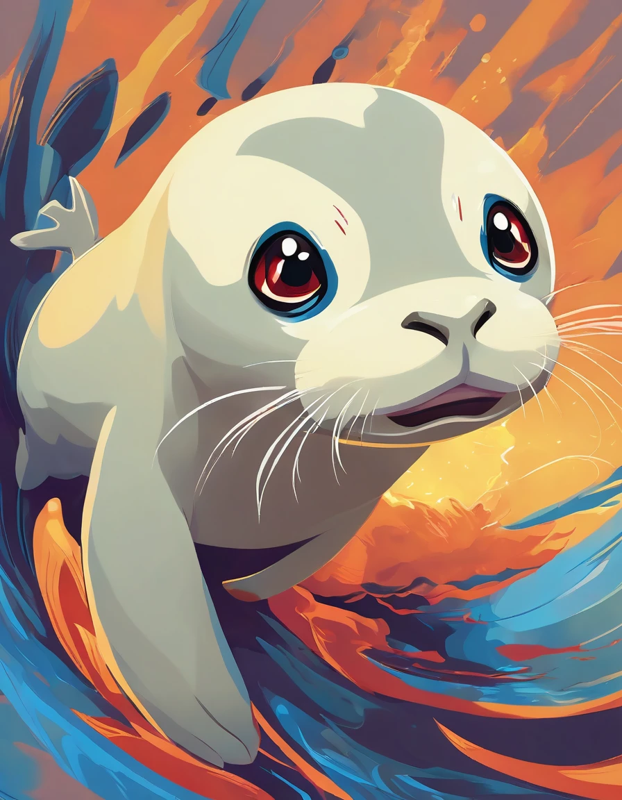 Image is a digital illustration of a stylized, pokèmon sea lion-like creature with a dynamic and energetic pose. The creature has a smooth, cream-colored body with a dark blue back and flippers. It has large, expressive red eyes and an open mouth showing sharp teeth, giving it an aggressive expression. Yellow lightning bolts emanate from its head, adding a sense of power and intensity. The background is a gradient of grey, which contrasts with the vibrant colors of the creature, making it stand out prominently.