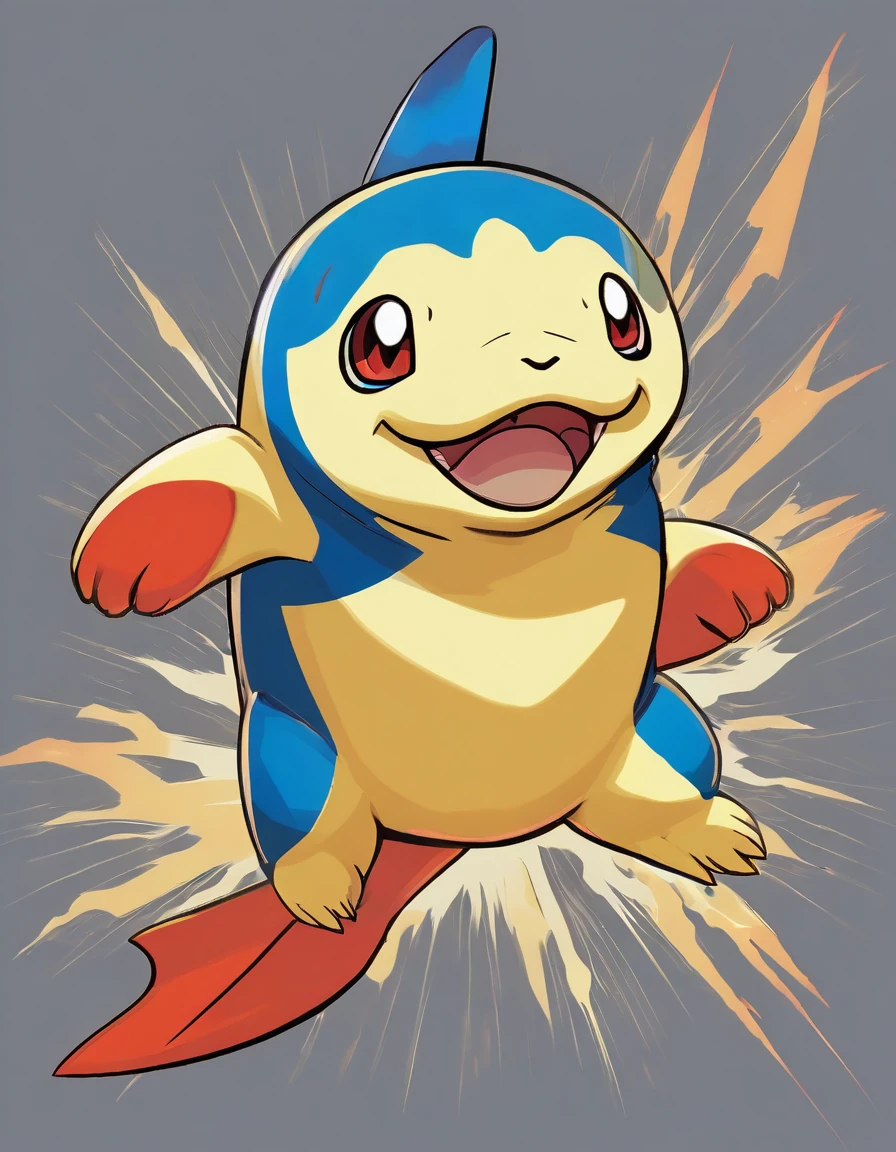 Image is a digital illustration of a stylized, pokèmon sea lion-like creature with a dynamic and energetic pose. The creature has a smooth, cream-colored body with a dark blue back and flippers. It has large, expressive red eyes and an open mouth showing sharp teeth, giving it an aggressive expression. Yellow lightning bolts emanate from its head, adding a sense of power and intensity. The background is a gradient of grey, which contrasts with the vibrant colors of the creature, making it stand out prominently.