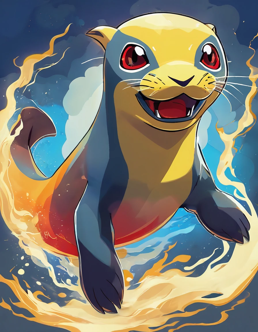 Image is a digital illustration of a stylized, pokèmon sea lion-like creature with a dynamic and energetic pose. The creature has a smooth, cream-colored body with a dark blue back and flippers. It has large, expressive red eyes and an open mouth showing sharp teeth, giving it an aggressive expression. Yellow lightning bolts emanate from its head, adding a sense of power and intensity. The background is a gradient of grey, which contrasts with the vibrant colors of the creature, making it stand out prominently.