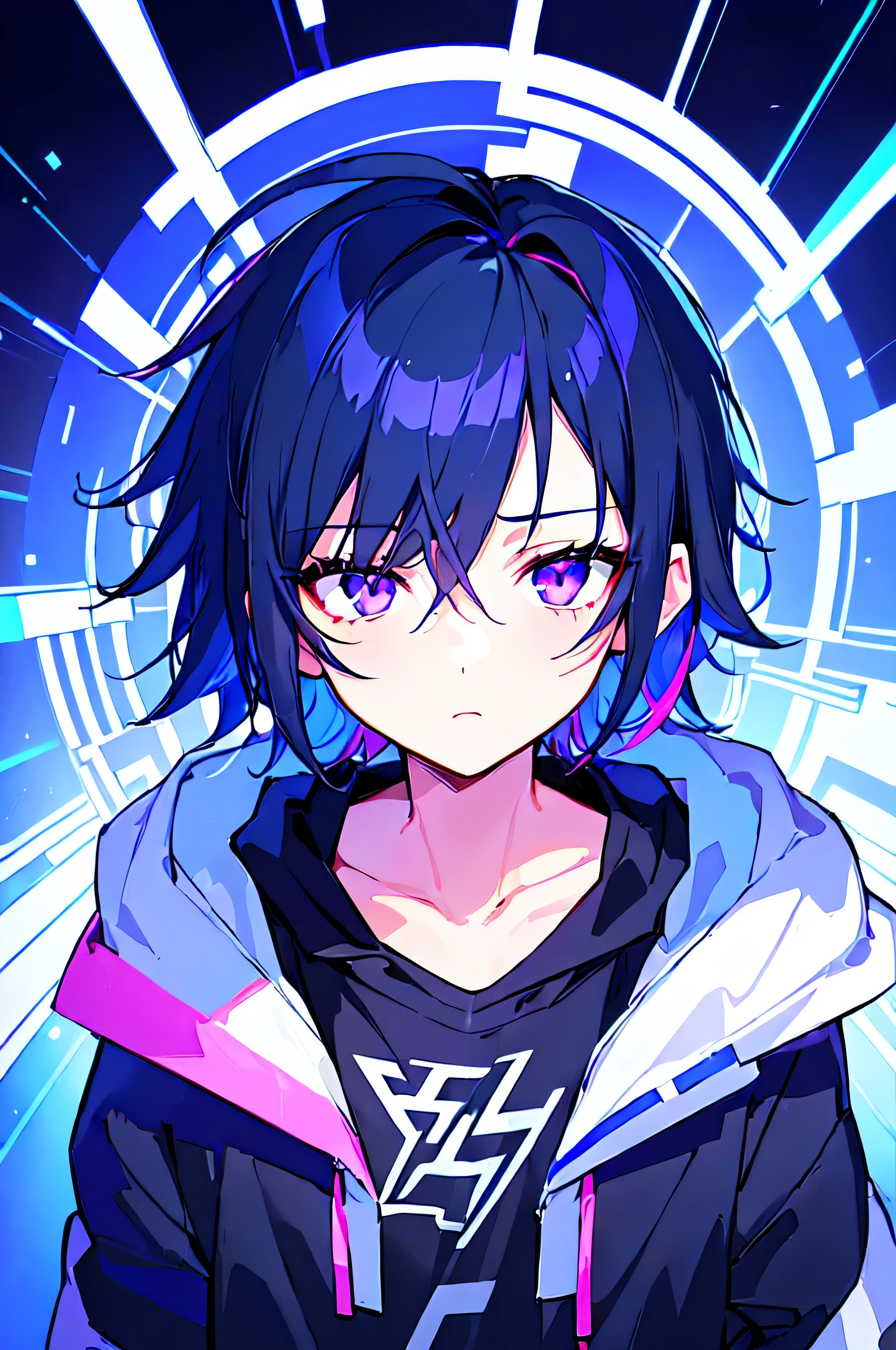 [(BLACK BACKGROUND:1.5),::5], ((((masterpiece)))), high quality, ultra very high resolution, full color, (((solo))), (((little boy))), men's black hair, ((blue colored inner hair)), ((purple eyes)), anime, ((upper body)), gloom expression depressed, neon light, black parka, (Thunder effect:1.2)