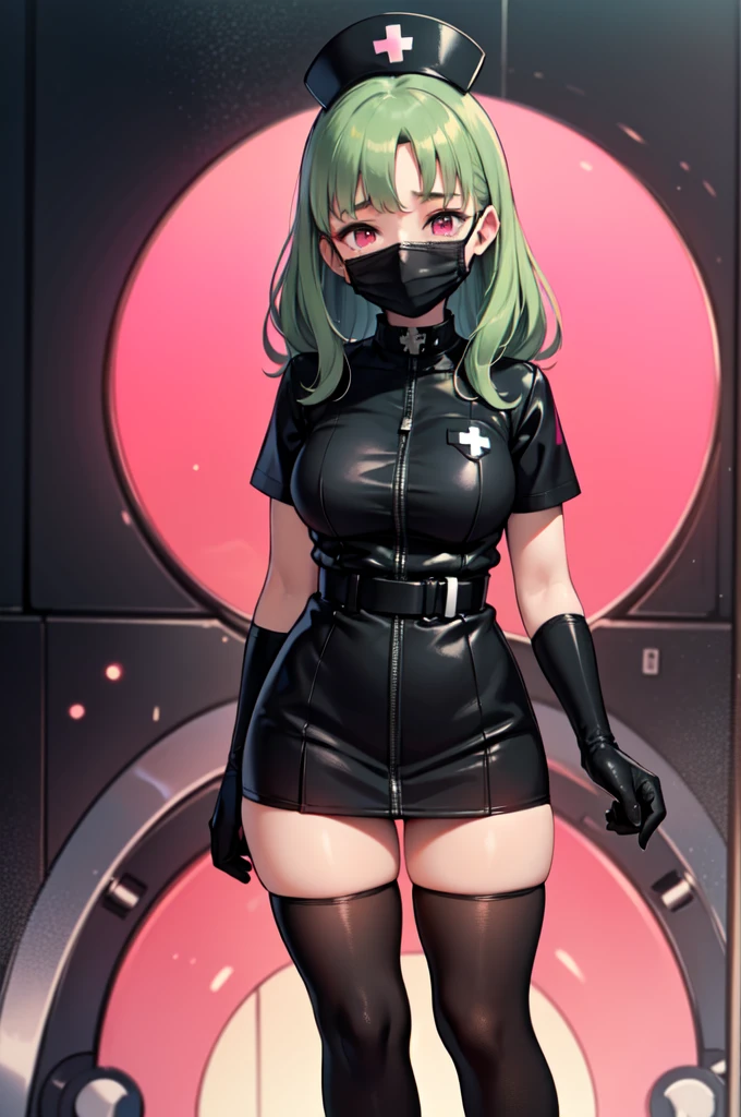 black nurse, 1woman, solo, black nurse cap, black nurse uniform, ((black legwear, zettai ryouiki)), black elbow gloves, forehead, long hair, green hair, pink eyes, ((black surgical mask, covered nose)), standing, ((surgery room)), sharp outline, short sleeves, mature female, 35 years old, best quality, masterpiece