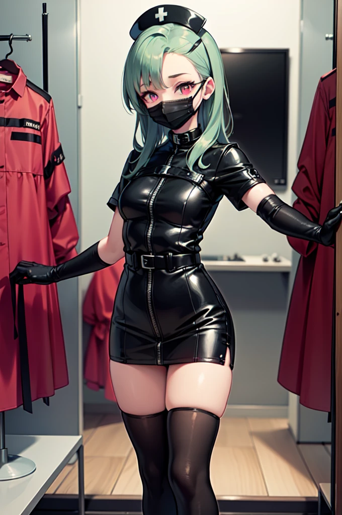 black nurse, 1woman, solo, black nurse cap, black nurse uniform, ((black legwear, zettai ryouiki)), black elbow gloves, forehead, long hair, green hair, pink eyes, ((black surgical mask, covered nose)), standing, ((surgery room)), sharp outline, short sleeves, mature female, 35 years old, best quality, masterpiece