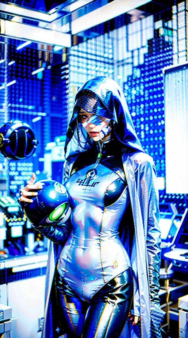 Arabian woman in a futuristic suit、Standing in a room with many metal objects, Prometheus stills, Written by Huang Ding, White Russian clothing, Beauty contest rendering, Mesh headdress, Machine Elf, Luxury Advertising, I can see your shoulders, Cyber Pattern, Movie stills --ar 16:9  