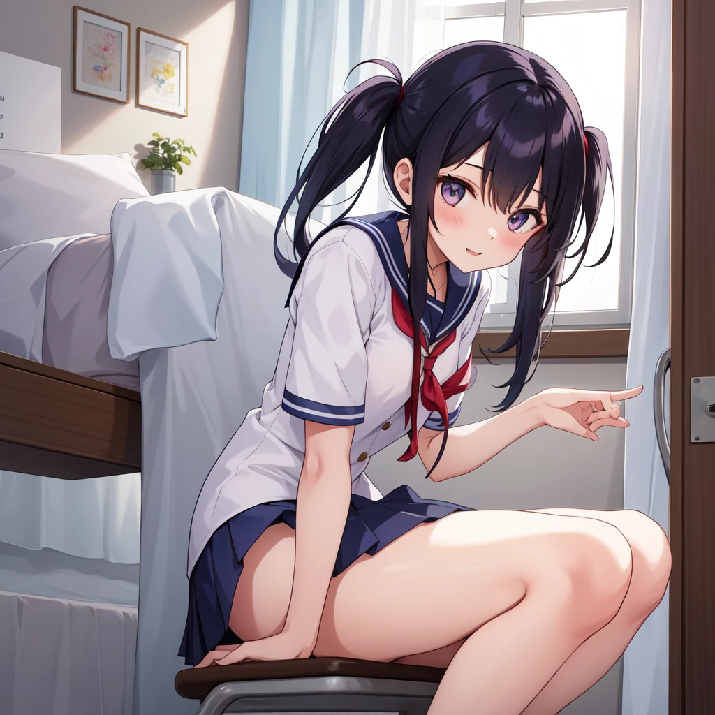 A female student in a sailor uniform who is unwell in the nurse&#39;s office(masterpiece, best quality:1.2),illustration,8K,HD,1girl,独奏,upper body,(portrait:1.2),brown_hair,folded_ponytail,brown_eyes,serafuku,long_hair,school_uniform,skirt,pleated_skirt,