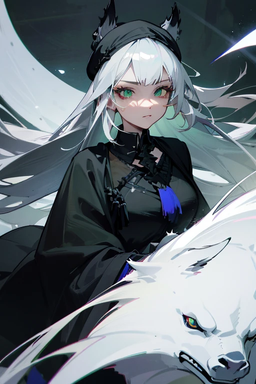 1 woman, black robe, green eyes, white hair,anime, realistic,Black head covering,ultra detail