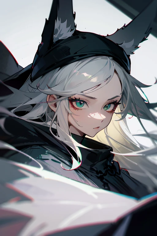 1 woman, black robe, green eyes, white hair,anime, realistic,Black head covering,ultra detail