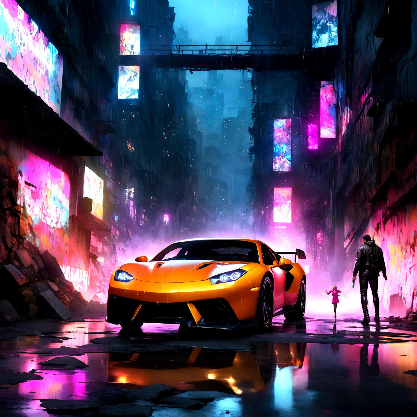 Colorful muscle cars, Grey dystopian city, Spewing color from the exhaust pipe, Bringing color back to the city, figure, Super detailed, Realistic, Vibrant colors, Studio Lighting, Cityscape, High resolution, High resolution, Dynamic Lighting, cigarette, smog, ruins, graffiti, Cyberpunk aesthetic, Neon Light, Future Technology, Rain-soaked street, Shadow, reflection, speed, Motion Blur, strength, Urban decline, steel, concrete, asphalt, darkness, Contrast, heat haze, Shining Surface