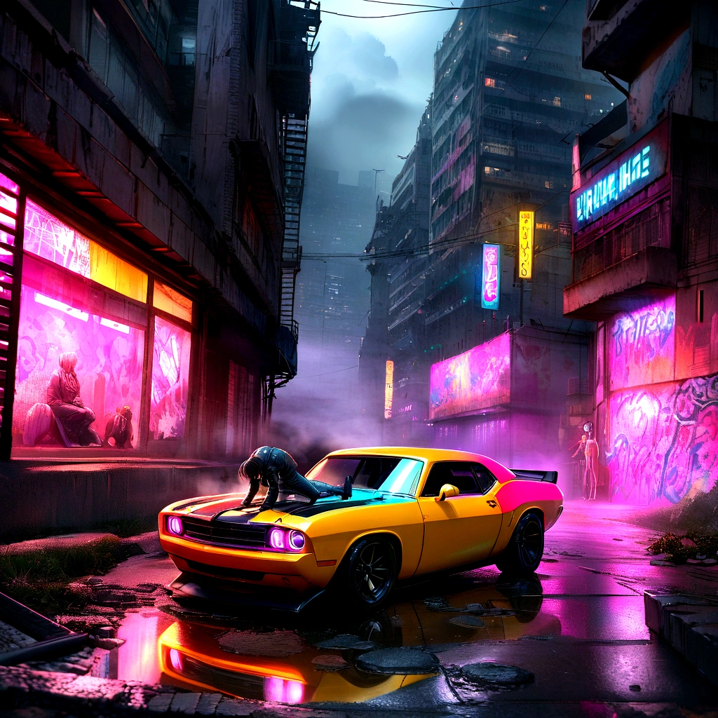 Colorful muscle cars, Grey dystopian city, Spewing color from the exhaust pipe, Bringing color back to the city, figure, Super detailed, Realistic, Vibrant colors, Studio Lighting, Cityscape, High resolution, High resolution, Dynamic Lighting, cigarette, smog, ruins, graffiti, Cyberpunk aesthetic, Neon Light, Future Technology, Rain-soaked street, Shadow, reflection, speed, Motion Blur, strength, Urban decline, steel, concrete, asphalt, darkness, Contrast, heat haze, Shining Surface