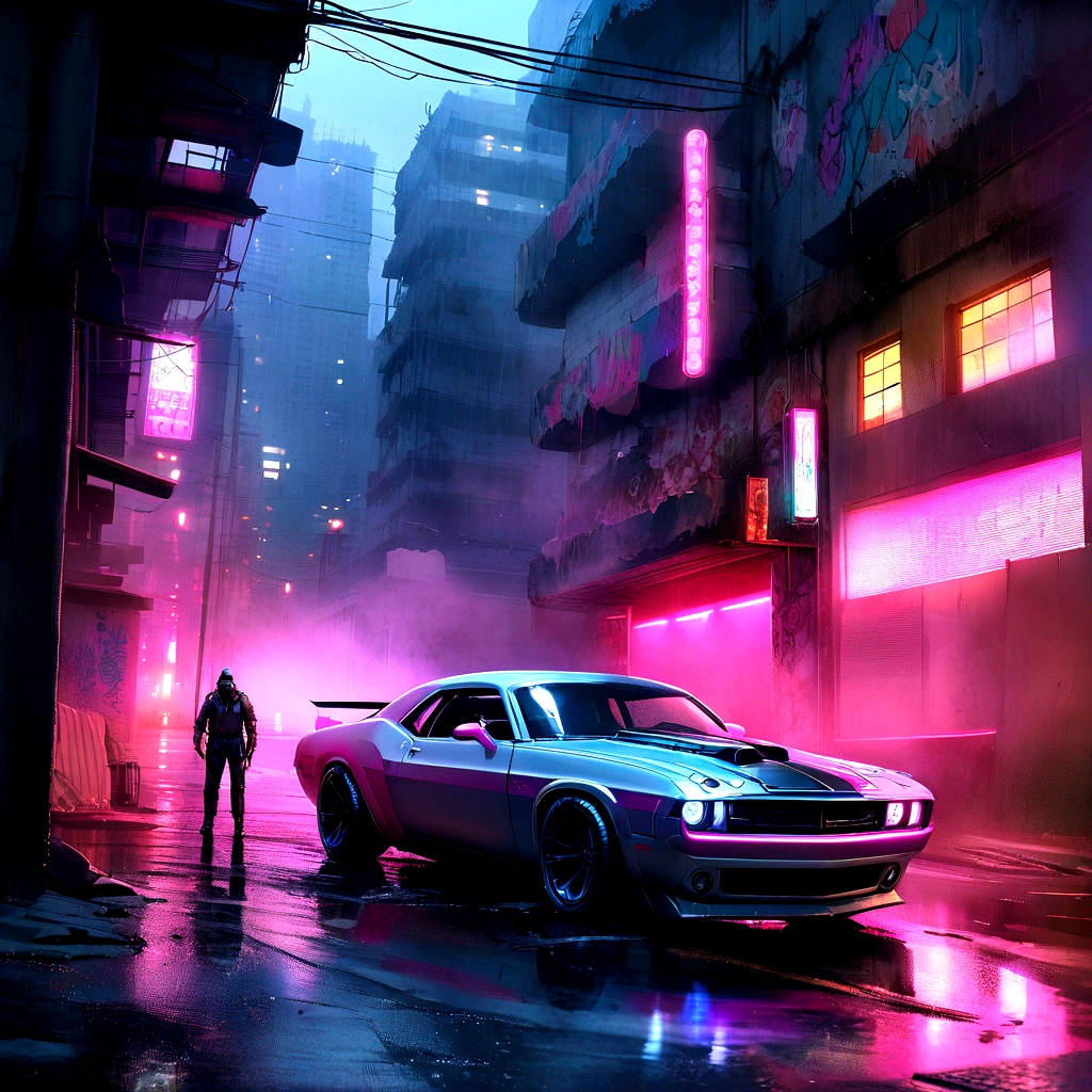 Colorful muscle cars, Grey dystopian city, Spewing color from the exhaust pipe, Bringing color back to the city, figure, Super detailed, Realistic, Vibrant colors, Studio Lighting, Cityscape, High resolution, High resolution, Dynamic Lighting, cigarette, smog, ruins, graffiti, Cyberpunk aesthetic, Neon Light, Future Technology, Rain-soaked street, Shadow, reflection, speed, Motion Blur, strength, Urban decline, steel, concrete, asphalt, darkness, Contrast, heat haze, Shining Surface