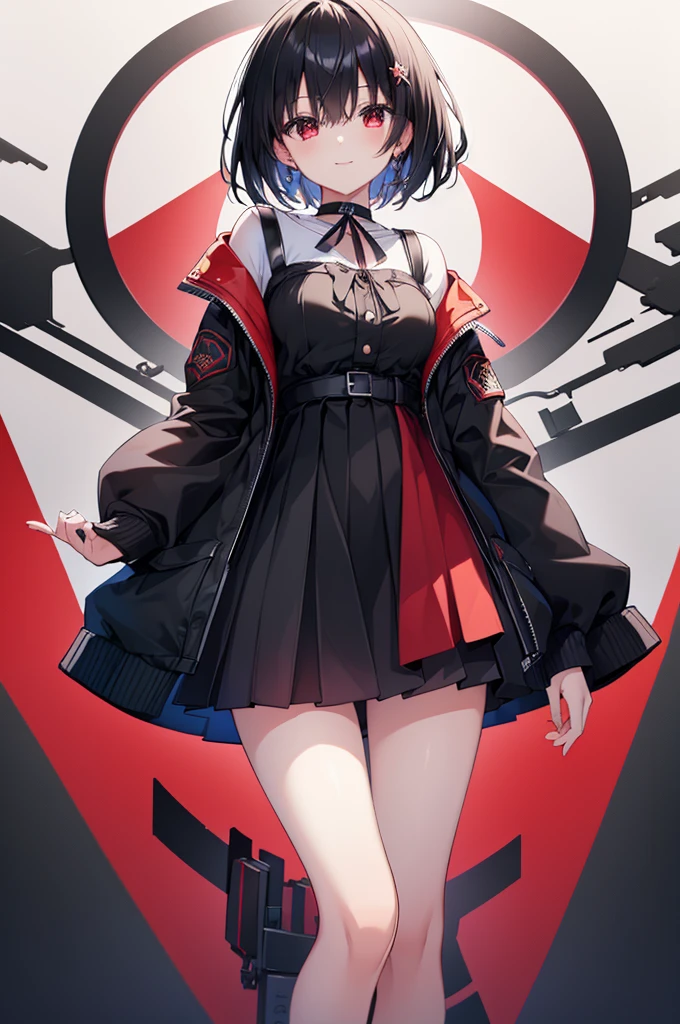(masterpiece, highest quality, highest quality, (No text), Beautiful and aesthetic:1.2),No text,アニメ、BREAK,One Girl,Black Hair Girl short hair older sister choker Tree Eyes Beautiful eyes Red eyes cool smile Red and Black Black jacket mini skirt whole body In town
