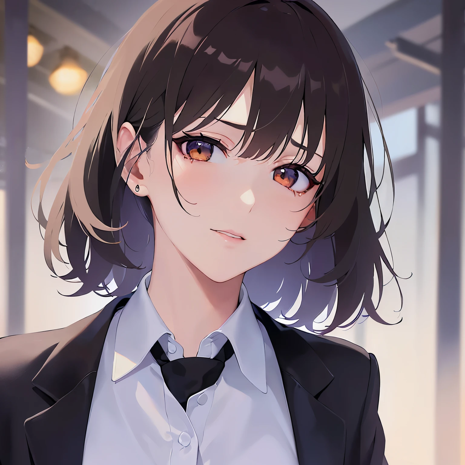 lookin at viewer,upper body,Looking up,
Realistic, real person, (pale skin: 1.2), RAW photo, photorealistic, shiny skin, shiny hair、
(A 25-year-old woman with bob hair and bangs) and (wavy hair) and (brown hair) and (Orange Eyes)、(business suit:1.5)and (Wearing a white collared shirt)、
(tearful:1.5)、smile,
(Background is a park at night:1.5)