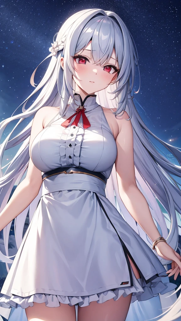 (masterpiece:1.3), (best quality:1.1), (8k, ultra detailed, ultra high res:1.2), ((anime style)), perfect 5 fingers, perfect anatomy,
1girl,
Kei Karuizawa,
BREAK long hair, wavy hair,
white hair,
red eyes,
BREAK Slender line dress, white dress, Sleeveless, Sequin, solid,
looking at viewer,
BREAK cowboy shot, BREAK (detailed background:1.1), outdoor, aurora, at night, Starry Night Sky with Shooting Stars,