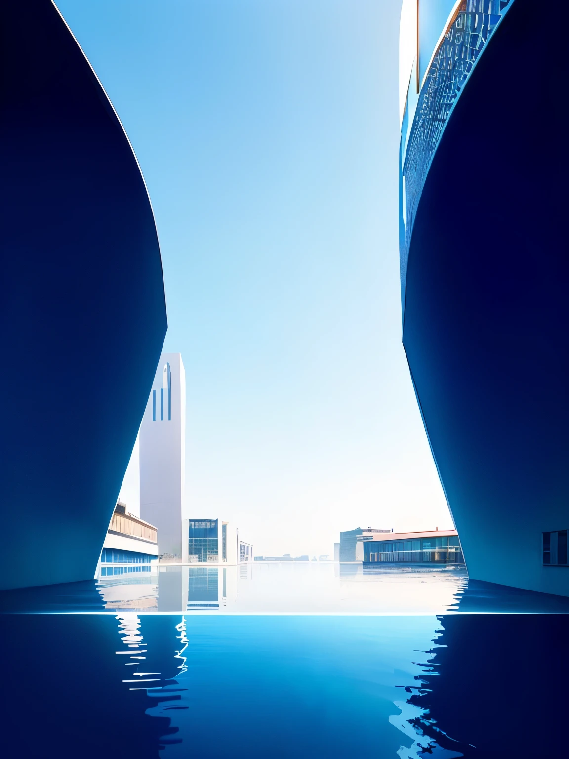 There are arc-shaped buildings on both sides，Light shines into the building，Reflected on the water，Dark blue building，high quality