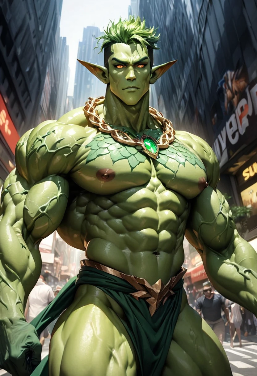 (((intricate design))) (((top quality))) (((16K))) (((High Definition))) 16K splash art (((photorealistic))) high-res, ultra sharp, ((masterpiece)), the best quality, expressive eyes, perfect face, mesmerising eyes, perfectly detailed anatomy (((Volumetric lighting))) (((natural lights))) (((sunny))) (((1Male))) (((Bodybuilder))), (((muscular))), (((hyper pecs))) there is a mature man with green paint on his body, slick shaved sides hairstyle, ((thighs)) bodily fluids, round butt, green coloured skin, gay,een skin! (((green coloured skin!!))), (((green skin))). (((green-skinned))), (((elegant robes))) ((green skin with scales)), ((green skin)), windy, (((in a city))), (((greenish skin))) plantation on the male body, fluorescent green skin, radiant orange eyes, windy, leaves falling (((a powerful nature deity))), elf ears, druid magic, cell-shaded adult aion, green gem necklace, hot reptile muscular humanoid man, scales, muscular green body. Glowing veins, nature spirit, (((superhero suit))) long sash, in the busy city streets,