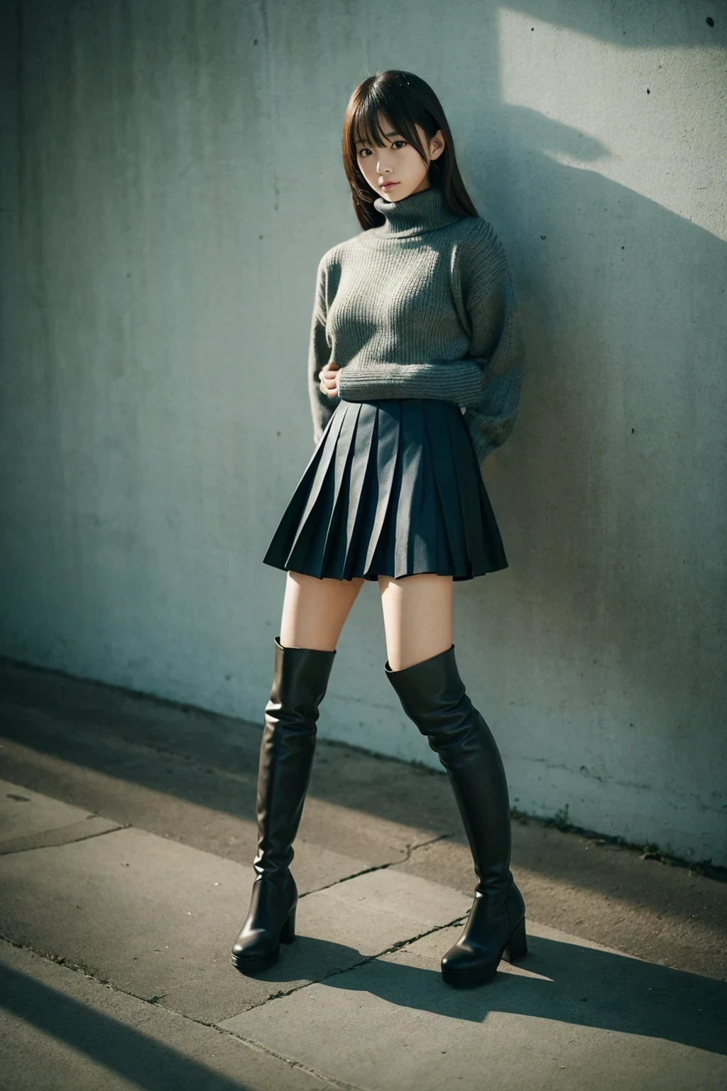 　Japanese　melancholy　Pleated skirt　　Turtleneck sweater　Knee-high boots