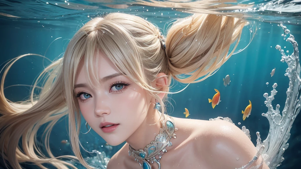 （Highest Quality Realistic Textured Skin),(terrible),(OK, round, Symmetrical eyes),Delicate facial features,(Burning bright cold eyes),(She has a mischievous smile),(Her face is kind and beautiful),Glass earrings in the ears,,(blonde),(Silvery white hair),(Chestnut Hair),(Swim at the bottom of the ocean)，(Full body portrait:1.5),(Dramatic Photos:1.4),(Dramatic Pose),(Flashy photos)(look up),(Looking down),(Around her neck is a simple necklace made with exquisite craftsmanship.),Cluttered photos，(Hair flowing in water:1.5),(Underwater, Life at sea, 美しいCoral Reef, fish),(Background vortices and currents),(Dramatic Light),(Nice views),(美しいfishに囲まれて),遠くの背景にはCoral Reefに沈んだ寺院が見える,Coral Reef,Spectacular realism,Cinematic atmosphere,(High-density image review:1.5),(Soft colors:1.2),Very detailed,Dramatic Light,(Intricate details:1.1),Complex background,