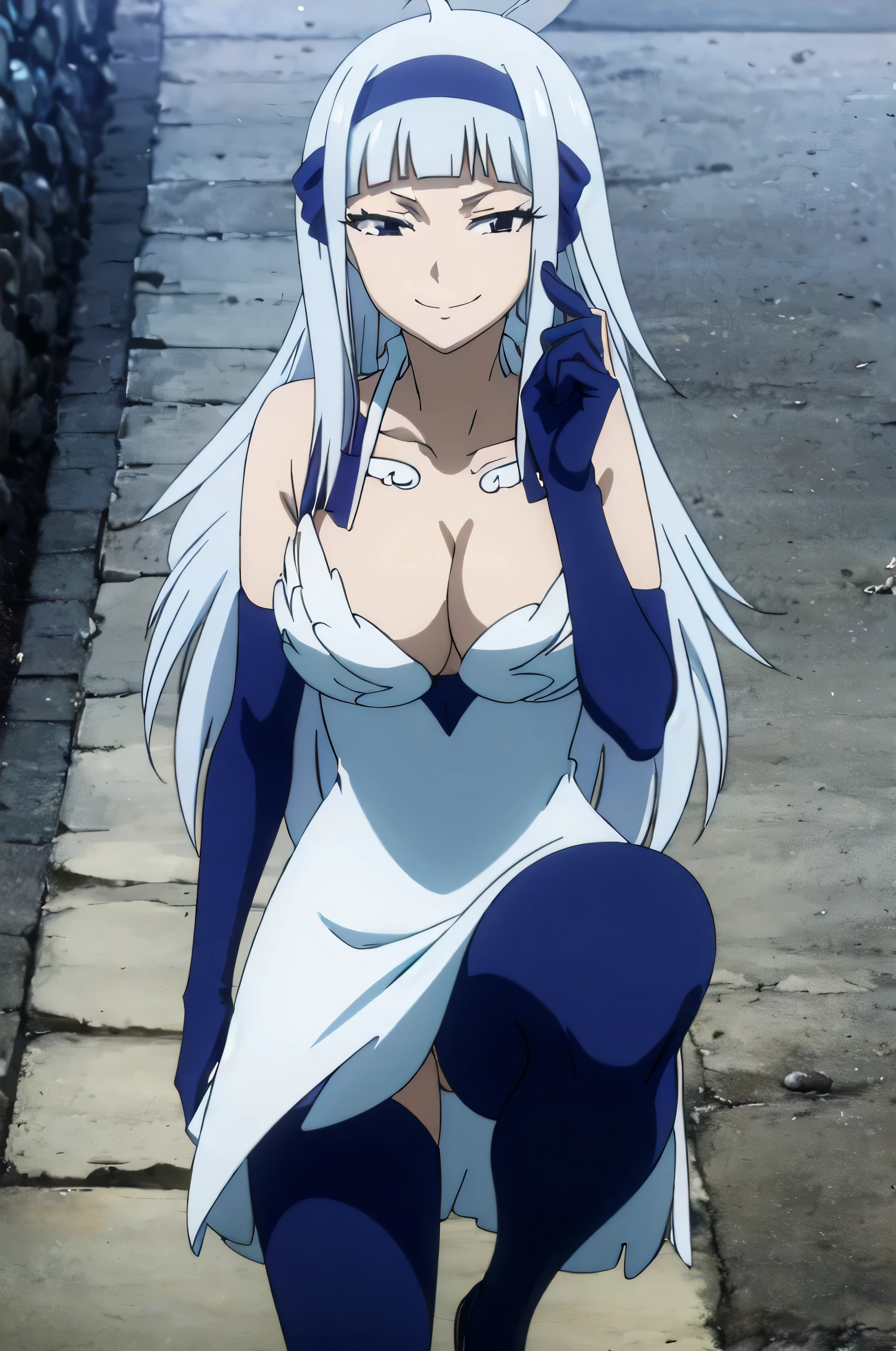 FAIRY TAIL ANGEL, LONG HAIR, BANGS, BLUE HAIR, HAIRBAND, BLUE HAIRBAND, AHOGE, THIGHHIGHS, GLOVES, DRESS, CLEAVAGE, ELBOW GLOVES, WHITE DRESS, 1girl, solo, facing viewer, (evil smile:1.3),Highly detailed CG Unity 8K wallpaper, perfect lighting,laugh at,evil smile,evil smirk,looking down at viewer,,smile bad,deep shaded face,too evil fall,dark world background,two hands,five fingers,two legs,