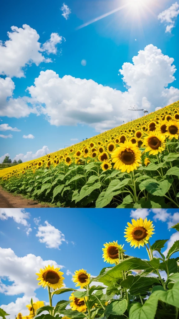 (Highest quality), (8K), (Highest quality), (live-action), (Realistic photos), Sunflower Garden, blue sky, Rainbow and sunshine shining.