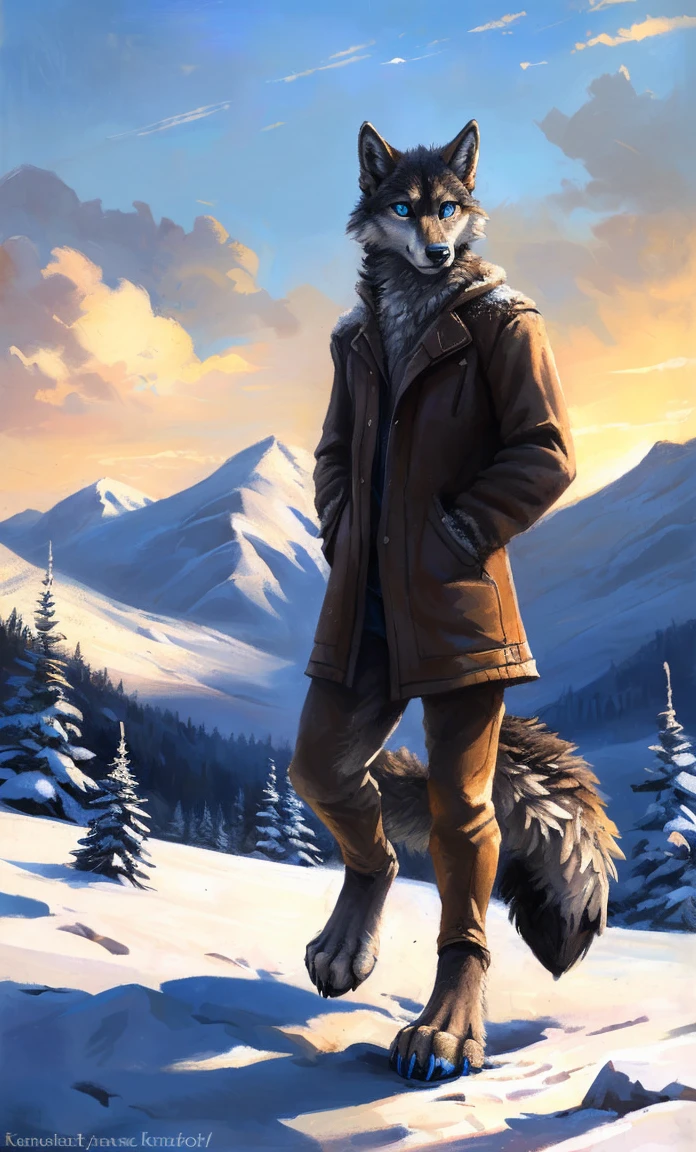 ((Solo)), male people, anthro wolf, (Multi-colored fur, White-brown:1.3,White tail pointed), (Height 2.1m,Tail length 1.2m), ((Wolf face, Big eyes, White eyelids, Blue pupil, Slim:1.2) (Tough, Calm expression:1.2)), Slim, pinging)), (Correct anatomy), (Winter clothing:1.1), The upper body naked, (detailed outfits),A long big tail,Feet,(Realistic fur, Detailed fur texture, labeled:1.3)), (Natural lighting), Photorealistic, Hyperrealistic, ultradetailed, by Kenket,Snowfield,erect through,Running on