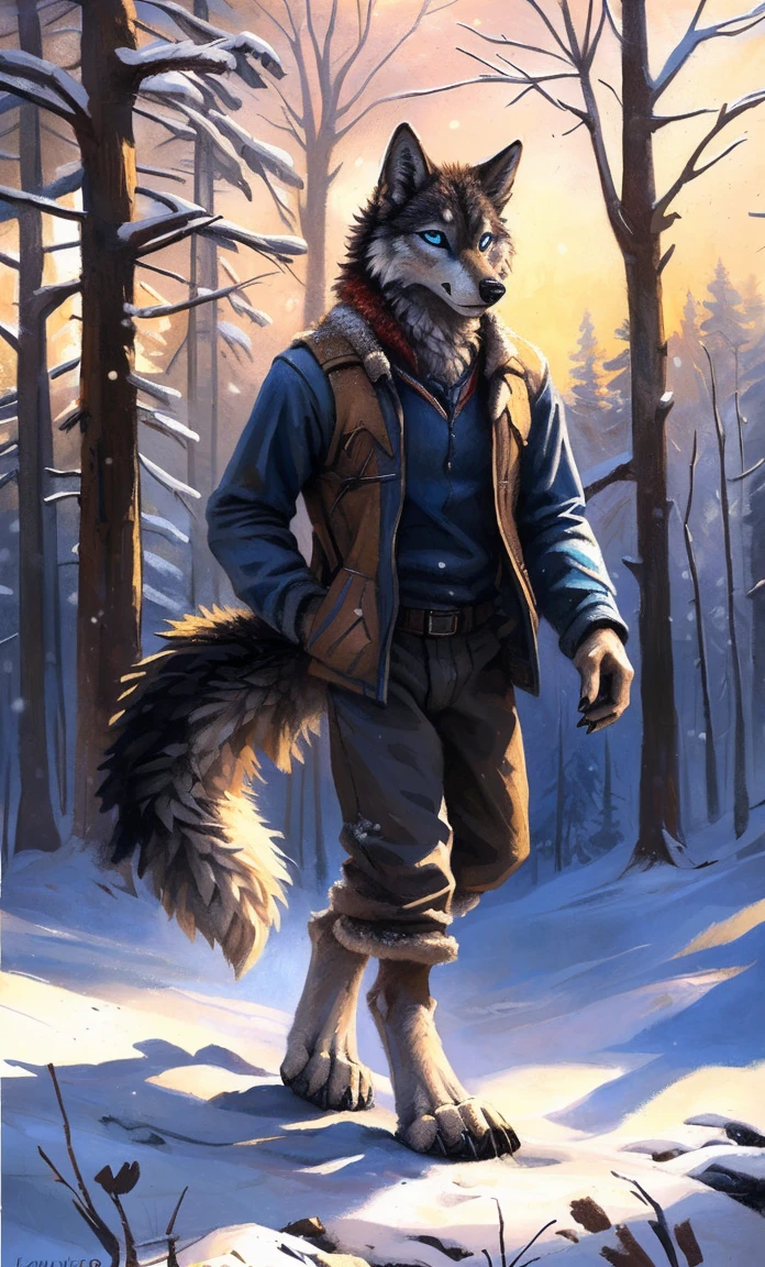 ((Solo)), male people, anthro wolf, (Multi-colored fur, White-brown:1.3,White tail pointed), (Height 2.1m,Tail length 1.2m), ((Wolf face, Big eyes, White eyelids, Blue pupil, Slim:1.2) (Tough, Calm expression:1.2)), Slim, pinging)), (Correct anatomy), (Winter clothing:1.1), The upper body naked, (detailed outfits),A long big tail,Feet,(Realistic fur, Detailed fur texture, labeled:1.3)), (Natural lighting), Photorealistic, Hyperrealistic, ultradetailed, by Kenket,Snowfield,erect through,Running on
