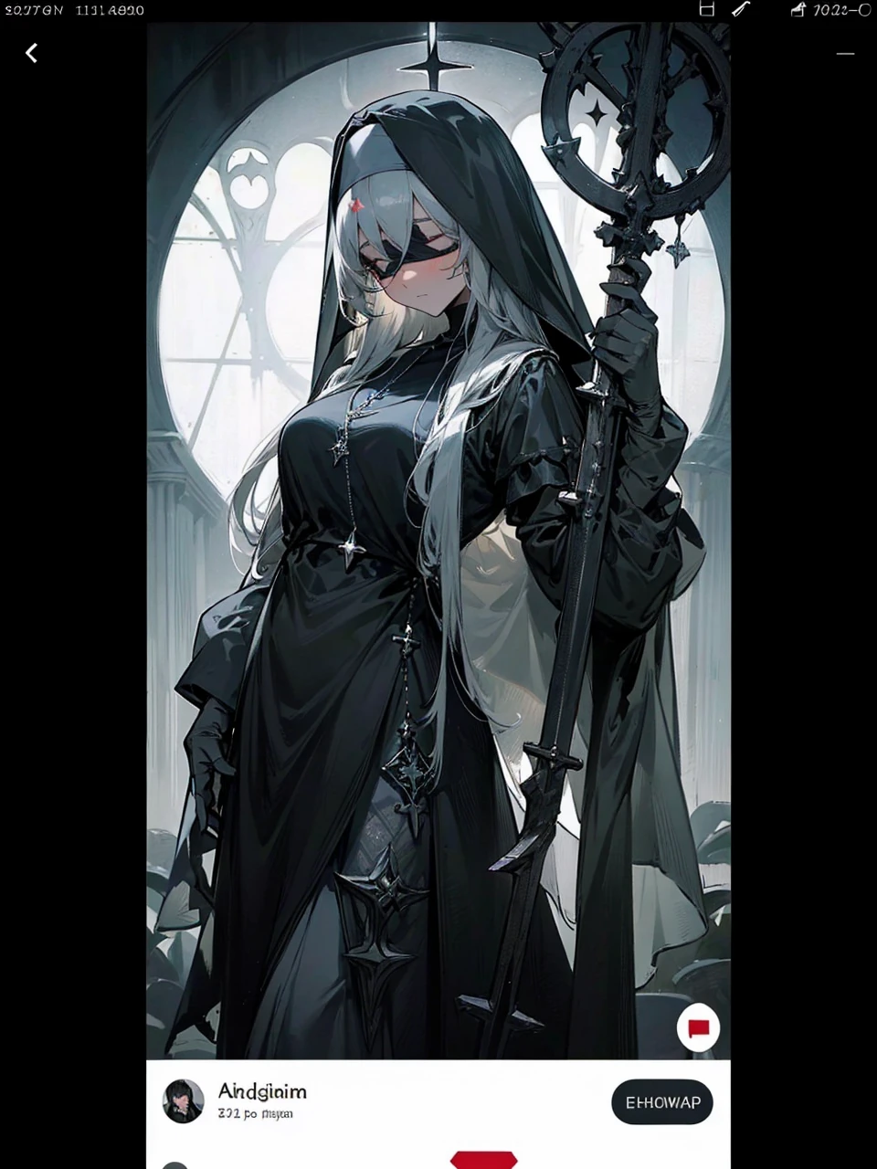 a nun with a blindfold and a modest black church nun outfit, with some silver jewelry, she also wears a long see through veil on her head, with a faded sliver star shaped halo at the back, she is holding her hands together symbolizing a prayer gesture.