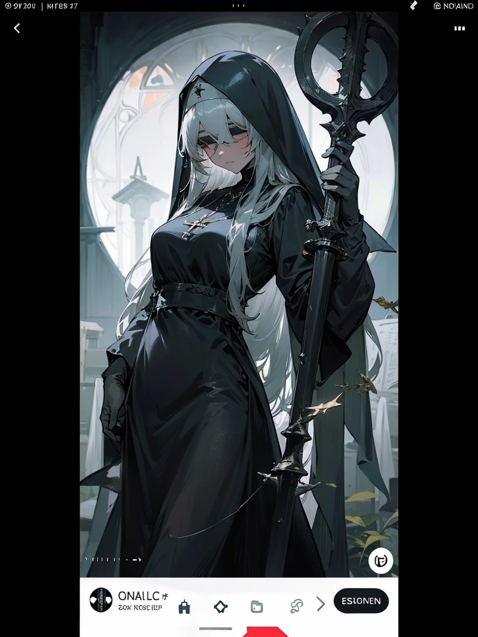 a nun with a blindfold and a modest black church nun outfit, with some silver jewelry, she also wears a long see through veil on her head, with a faded sliver star shaped halo at the back, she is holding her hands together symbolizing a prayer gesture.