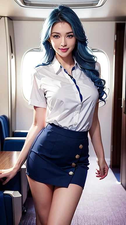 Light clothing、Formal Wear、Actual Photos、Reality Photography、blue eyes、blonde、Full body photo、(Look to the side),(Side Shot),Sexy Face、Straight Long Hair_Hair reaching down to the waist、 Complete look、(((masterpiece)))、(Perfect breasts),((Highest quality))、((超Realistic))、Mature Woman、Mature Woman、perspective、Very detailed、The perfect temptation、Best image quality、Fine-grained image quality、beautiful、Smiling with white teeth、blue eyes、jewelry, blue eyes, Realistic, High resolution, Glowing Skin, (Detailed face),jewelry, , night, Blue Hair,blonde, Wavy Hair,attractive appearance, A perfect smile,(stewardess),Cabin attendant,Tight mini skirt,White short sleeve shirt,,Inside the plane,Sit in the cabin,