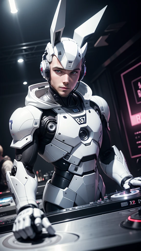 robot rabbit, White color, male gender, portrait photo style, non-human, in a club, playing on a turntable,