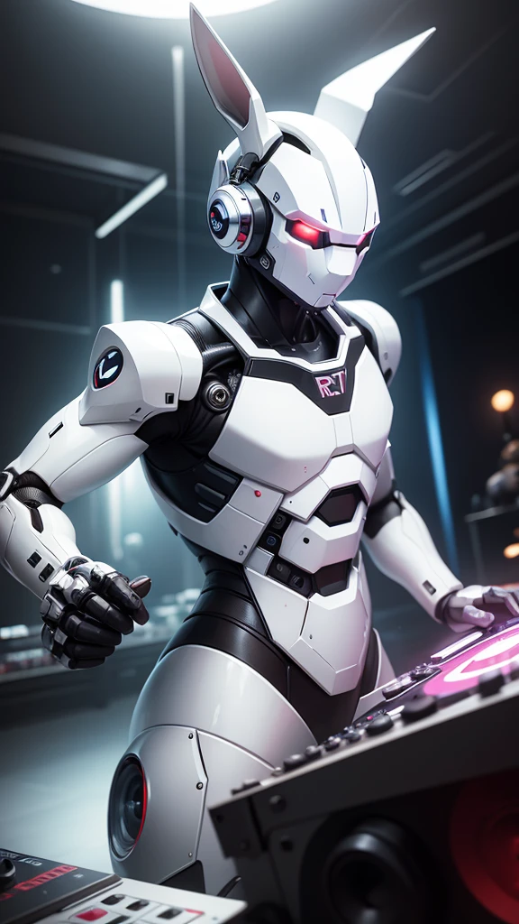 robot rabbit, White color, male gender, portrait photo style, non-human, in a club, playing on a turntable,