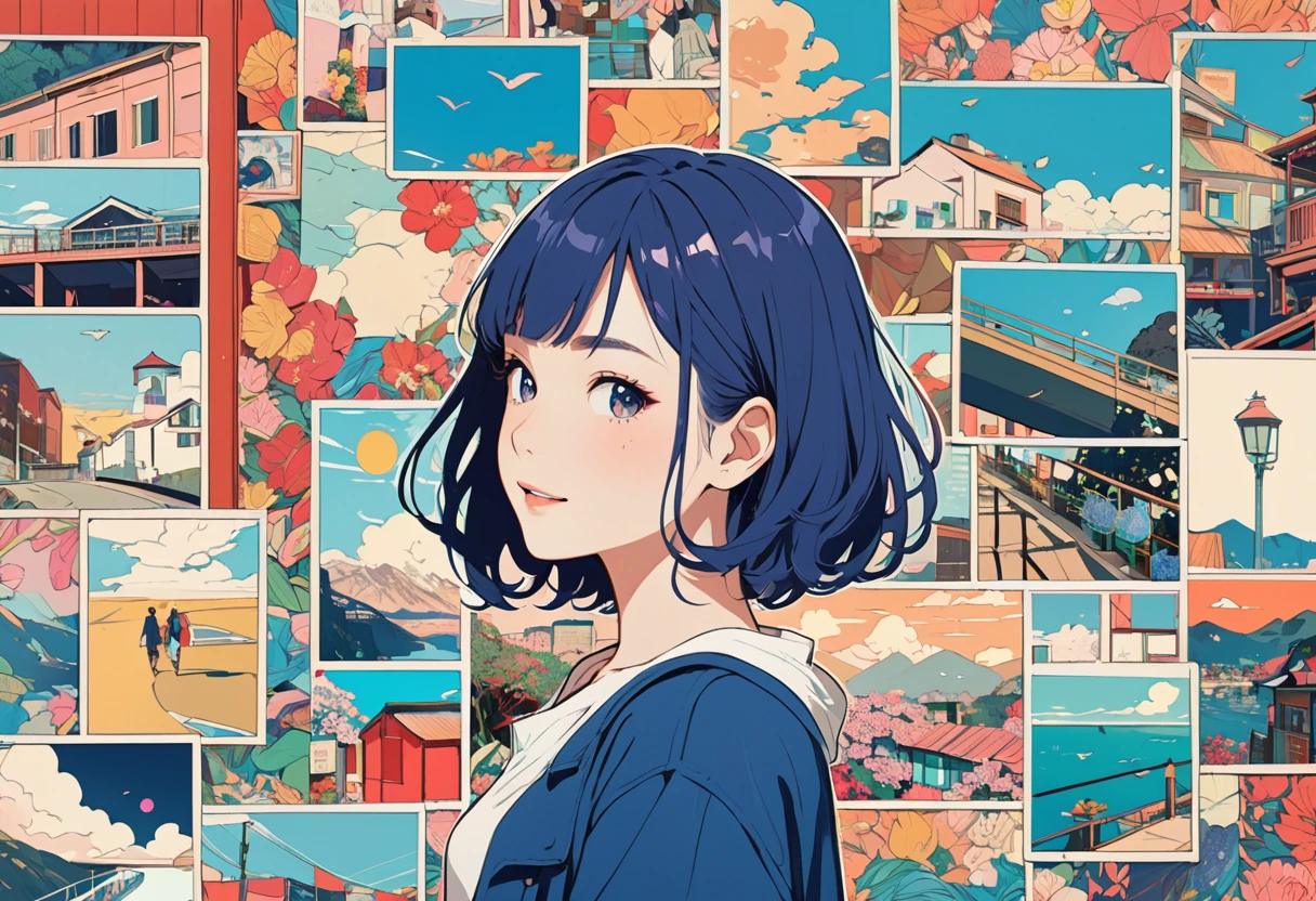 flat color,(masterpiece, best quality:1.1), A girl walks down a hallway filled with photos of her life,cheerfully,happily,collage artwork, nostalgic melancholic artwork, collage art, photo collage, inspired by Victo Ngai cmyk palette, collage art background,
BREAK side angle,(girl,tween,detailed face,(darkblue wavy-short hair),eyebrows,middle small breasts),