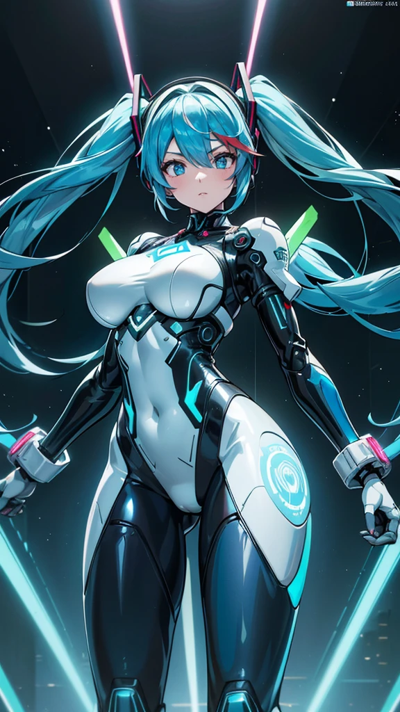 (Highest品質)), (masterpiece), Hatsune Miku Vocaloid, (Twin tails), Light blue hair, Water-colored pupils, cyber punk, Ultimate Physical Beauty, Big Ass, (Big Breasts), ((Bodysuits)), The 12-legged girl has an electronic visor on her face., red latex body, cyber punkモード, (Light blue hair: 1.4), Breast enlargement, Neon lights in the dark city at night, Unreal Engine: 1.4, Ultra-high resolution, La Highest quality: 1.4, Realistic: 1.4, Skin Texture: 1.4, masterpiece: 1.8, masterpiece, Highest