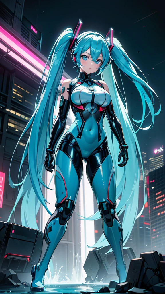 (Highest品質)), (masterpiece), Hatsune Miku Vocaloid, (Twin tails), Light blue hair, Water-colored pupils, cyber punk, Ultimate Physical Beauty, Big Ass, (Big Breasts), ((Bodysuits)), The 12-legged girl has an electronic visor on her face., red latex body, cyber punkモード, (Light blue hair: 1.4), Breast enlargement, Neon lights in the dark city at night, Unreal Engine: 1.4, Ultra-high resolution, La Highest quality: 1.4, Realistic: 1.4, Skin Texture: 1.4, masterpiece: 1.8, masterpiece, Highest