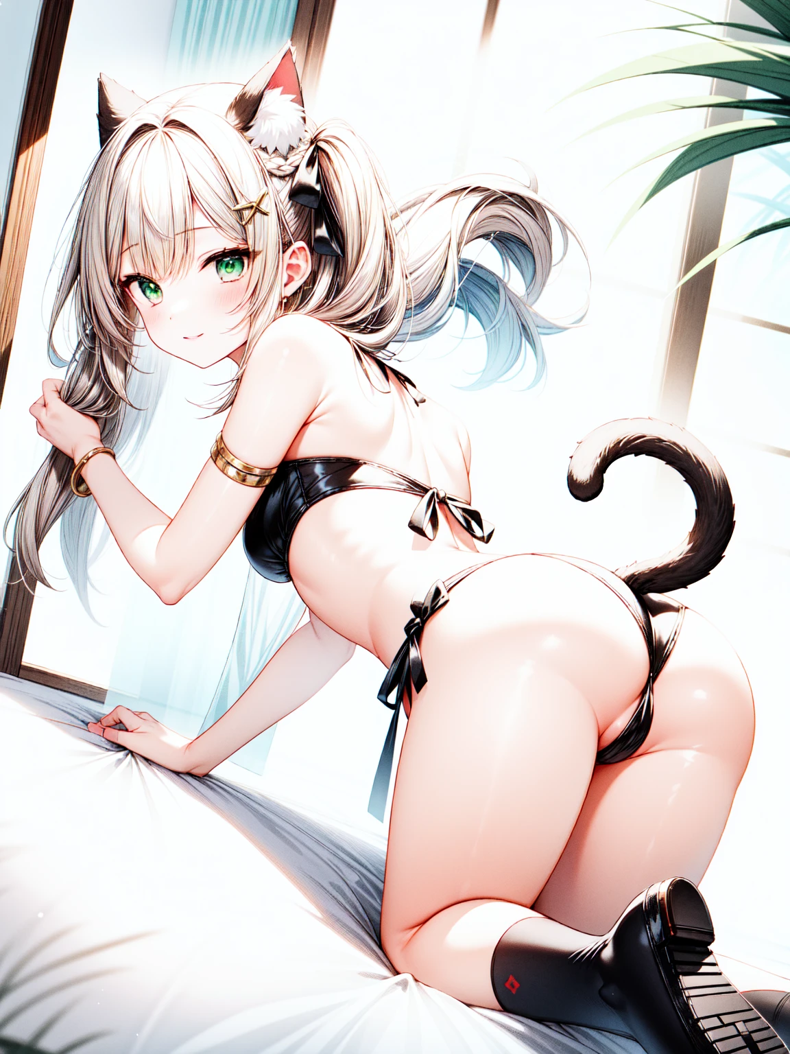 multiple_girls, 2girls, nahidadef, ass, tail, animal_ears, green_eyes, swimsuit, looking_at_viewer, brown_hair, multicolored_hair, all_fours, hair_ornament, bikini, cat_tail, green_hair, looking_back, white_hair, cat_ears, pointy_ears, blush, anus, long_hair, bell, bangs, braid, white_socks, socks, from_behind, jingle_bell, white_bikini, smile, side_ponytail, , animal_ear_fluff, hair_bell, take_your_pick, thighs, yellow_bikini, cat_girl, bare_shoulders, gradient_hair, symbol-shaped_pupils, closed_mouth, parted_lips, brown_eyes, kneehighs, indoors, ass_focus