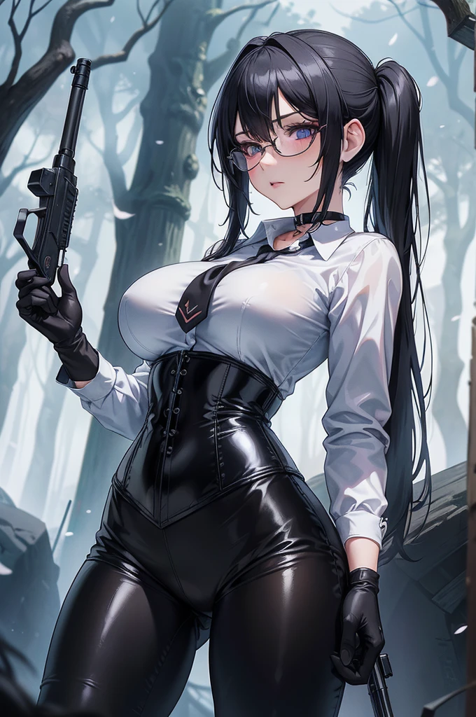 Masterpiece, Beautiful art, professional artist, 8k, art style by sciamano240, Very detailed face, Detailed clothing, detailed fabric, 1 girl, perfectly drawn body, fighting pose, beautiful face, big breasts, black hair pigtails, blue eyes, very detailed eyes, pink cheeks, shy expression, glasses, choker:1.6, (long sleeve white collar buttoned shirt), black gloves, gloves covering hands, (holding an AK-47), (black leather corset), (shiny black leggings), sensual lips , evening de invierno, show details in the eyes, view from front, looking at the viewer, dark path, dark forest, evening, Atmosphere, fog
