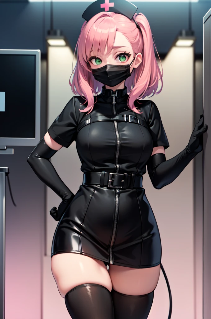 black nurse, 1woman, solo, black nurse cap, black nurse uniform, ((black legwear, zettai ryouiki)), black elbow gloves, pink hair, green eyes, drooping eyes, ((black surgical mask, covered nose)), standing, ((surgery room)), sharp outline, short sleeves, mature female, 32 years old, best quality, masterpiece