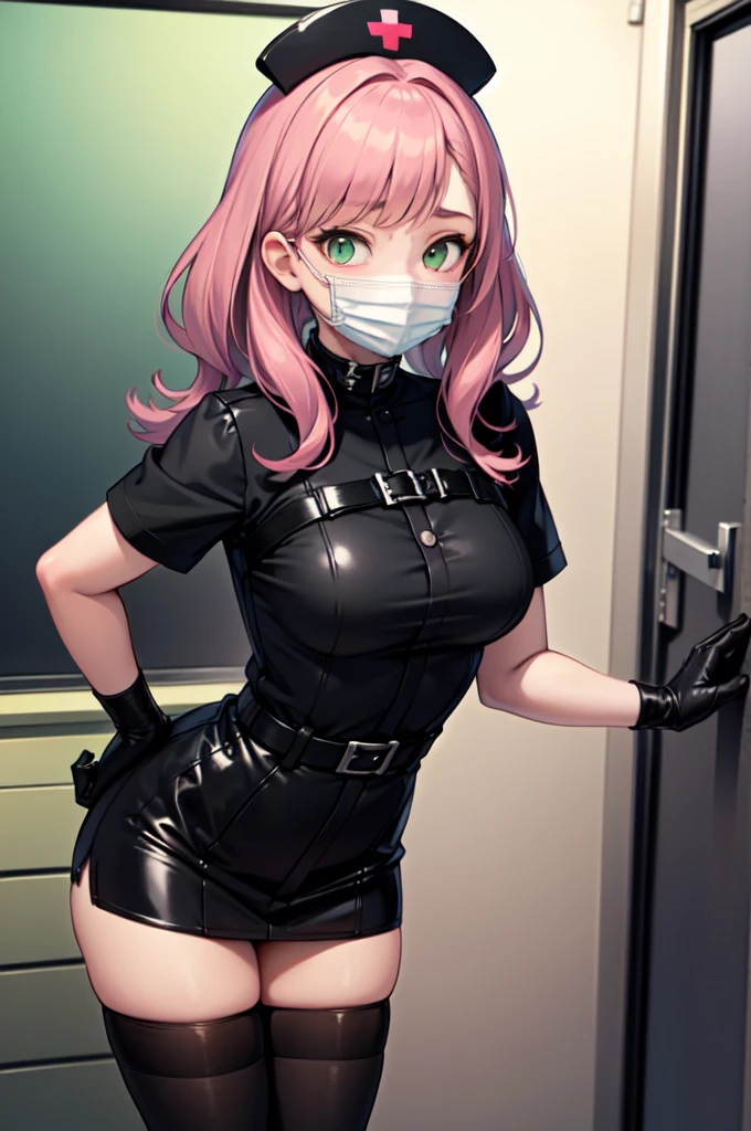 black nurse, 1woman, solo, black nurse cap, black nurse uniform, ((black legwear, zettai ryouiki)), black elbow gloves, pink hair, green eyes, drooping eyes, ((black surgical mask, covered nose)), standing, ((surgery room)), sharp outline, short sleeves, mature female, 32 years old, best quality, masterpiece