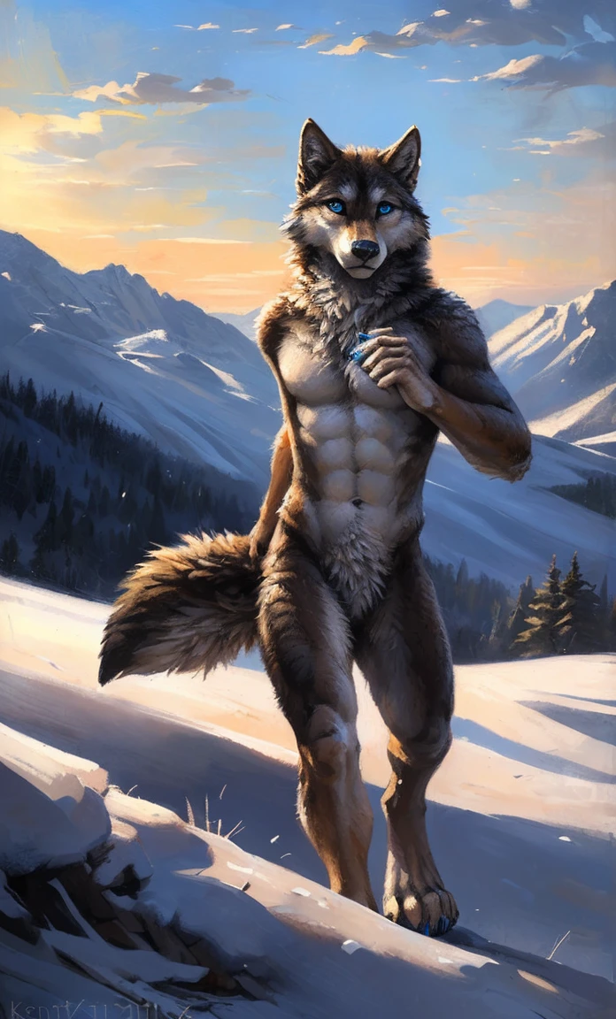 ((Solo)), male people, anthro wolf, (Multi-colored fur, White-brown:1.3，White tail pointed), (Height 2.1m,Tail length 1.5m), ((Wolf face, Big eyes, White eyelids, Blue pupil, Slim:1.2) (Tough, Calm expression:1.2)), Abs, Slim, pinging)), (Correct anatomy), Naked all over the body,A long big tail，Feet，(Realistic fur, Detailed fur texture, labeled:1.3)), (Natural lighting), Photorealistic, Hyperrealistic, ultradetailed, by Kenket，Snowfield，No artifacts, Running on