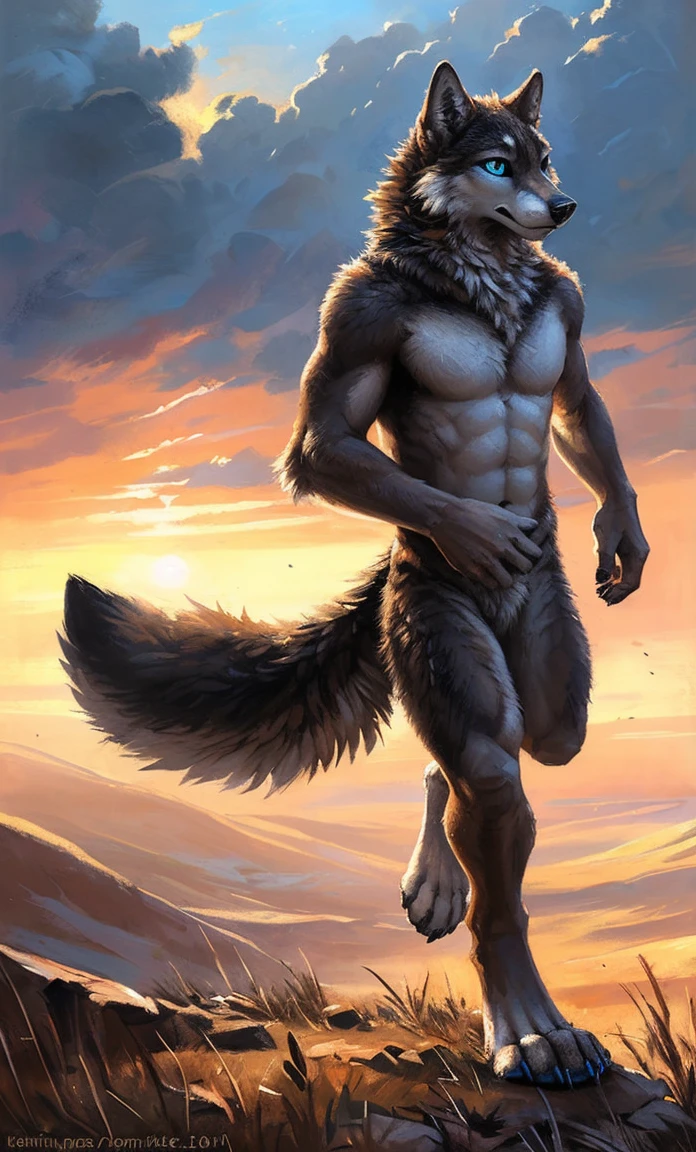 ((Solo)), male people, anthro wolf, (Multi-colored fur, White-brown:1.3,White tail pointed), (Height 2.1m,Tail length 1.5m), ((Wolf face, Big eyes, White eyelids, Blue pupil, Slim:1.2) (Tough, Calm expression:1.2)), Abs, Slim, pinging)), (Correct anatomy), Naked all over the body,A long big tail,Feet,(Realistic fur, Detailed fur texture, labeled:1.3)), (Natural lighting), Photorealistic, Hyperrealistic, ultradetailed, by Kenket,Snowfield,No artifacts, Running on