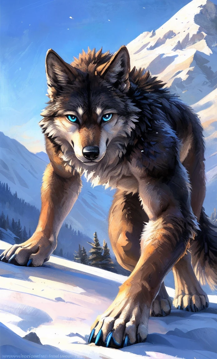 ((Solo)), male people, anthro wolf, (Multi-colored fur, White-brown:1.3,White tail pointed), (Height 2.1m,Tail length 1.5m), ((Wolf face, Big eyes, White eyelids, Blue pupil, Slim:1.2) (Tough, Calm expression:1.2)), Abs, Slim, pinging)), (Correct anatomy), Naked all over the body,A long big tail,Feet,(Realistic fur, Detailed fur texture, labeled:1.3)), (Natural lighting), Photorealistic, Hyperrealistic, ultradetailed, by Kenket,Snowfield,No artifacts, Running on