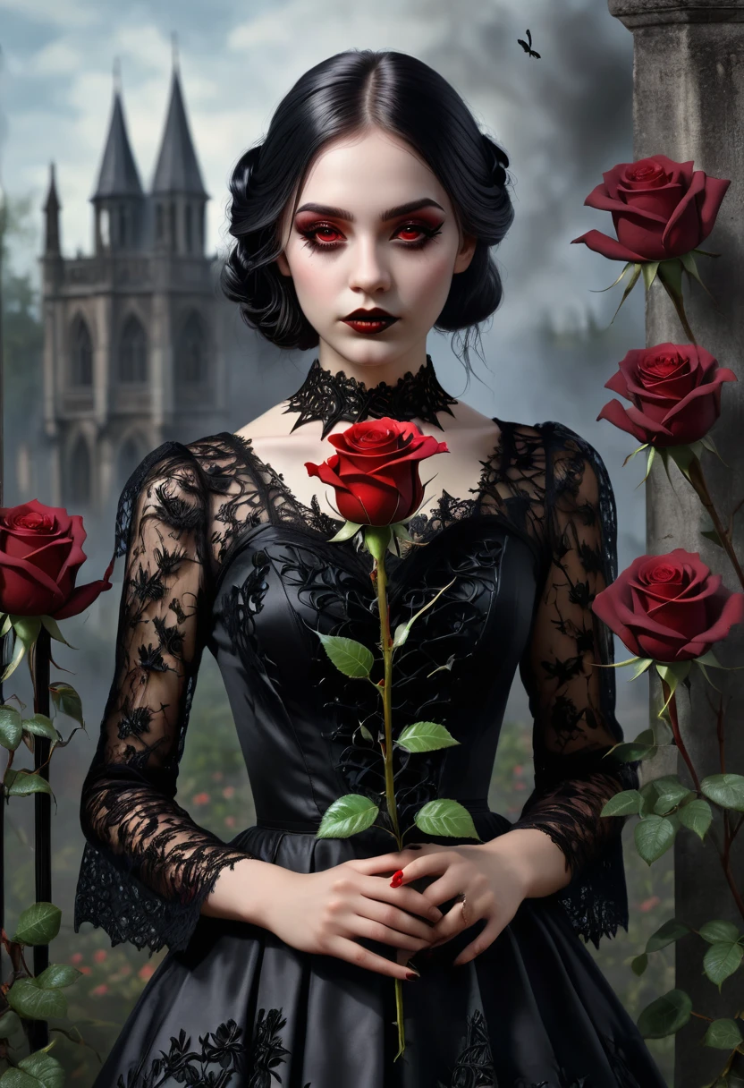 (best quality,4k,8k,highres,masterpiece:1.2),ultra-detailed,(realistic,photorealistic,photo-realistic:1.37),gothic art,girl ,lace dress,thorny rose,creepy,terrifying,burning butterfly,holding a Rose  , Dark red rose .