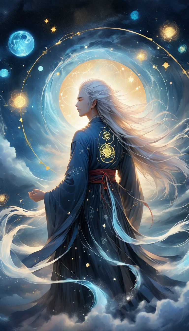 Chinese Mythology,Oriental Fortune Teller,Daofeng fairy bone,Master,The old man stands on the cliff and looks up at the starry sky with long white hair,Back silhouette,Black loose Hanfu robe,Look up at the stars,(((Galaxy Tai Chi Bagua Diagram,Magic Circle,Runes,artistic conception,Array,Runes,Luminescence))),dream,,