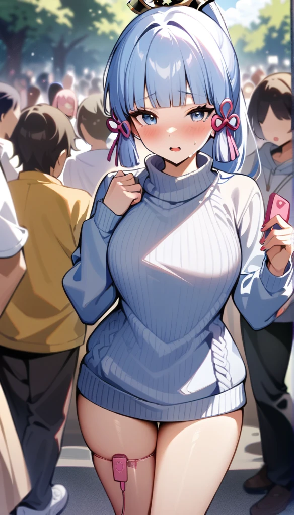 masterpiece, best quality, very aesthetic, absurdres, newest,(pov_hand, pink vibrator remote switch in pov_hand, pov:1.2), cowboy_shot, 1girl, focus on girl, embarrassed, blush, lovely, one_eye_closed, open_mouth, tear_in_eyes, saliva, sweatdrop on thighs, sticky panties, vibrator cord bulge, vibrator in garter, In a crowd,Surrounded by people,miniskirt, white_sweater, virgin-killing_sweater,,Kamisato Ayaka,Kamisato Ayaka(genshin impact), light blue hair, blunt bangs, a small gold ornament, grey eyes, ponytail ,,in park cum