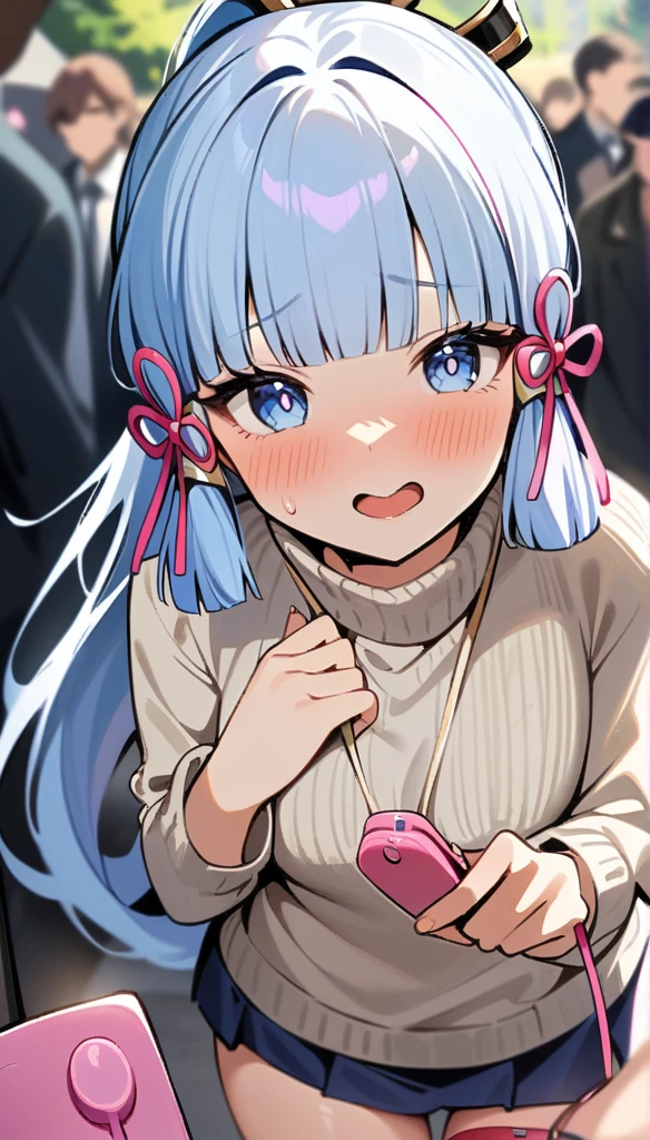 masterpiece, best quality, very aesthetic, absurdres, newest,(pov_hand, pink vibrator remote switch in pov_hand, pov:1.2), cowboy_shot, 1girl, focus on girl, embarrassed, blush, lovely, one_eye_closed, open_mouth, tear_in_eyes, saliva, sweatdrop on thighs, sticky panties, vibrator cord bulge, vibrator in garter, In a crowd,Surrounded by people,miniskirt, white_sweater, virgin-killing_sweater,,Kamisato Ayaka,Kamisato Ayaka(genshin impact), light blue hair, blunt bangs, a small gold ornament, grey eyes, ponytail ,,in park cum