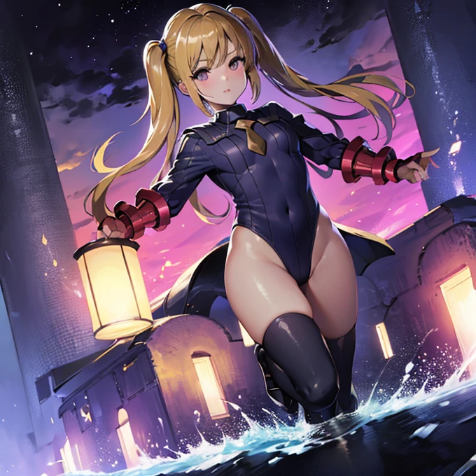 alone, One girl, masterpiece, Highest quality, Very detailed, Cinema Lighting, Exquisite detail, High resolution, Official Art, Fine and beautiful m, High resolutionのイラスト, 8K, Dark intense shadows, Exposure,tsukino usagi, Long twin tails, blonde, (White leotard:1.6), Full Body Shot, full moon