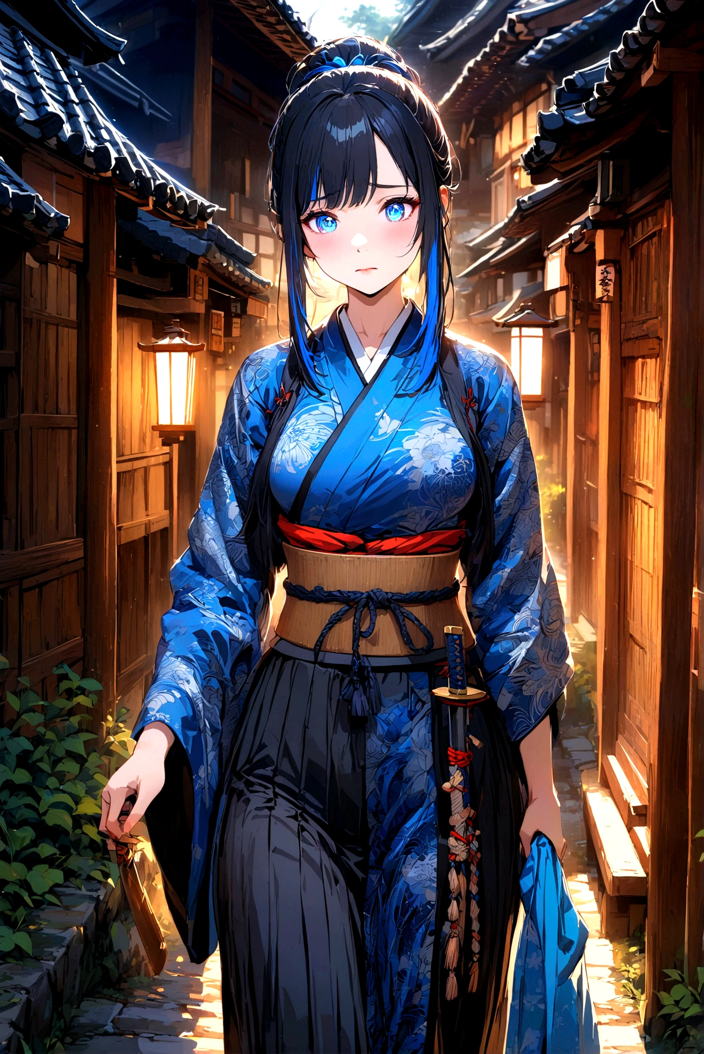 a beautiful anime girl, 1girl, long black hair with blue highlights, medium breasts, wearing a black and blue female samurai kimono, katana sheathed under her belt, looking shy, walking in a traditional japanese village, detailed face, detailed eyes, detailed hair, detailed clothes, detailed environment, digital art, highly detailed, intricate details, vibrant colors, dynamic lighting, cinematic composition, masterpiece