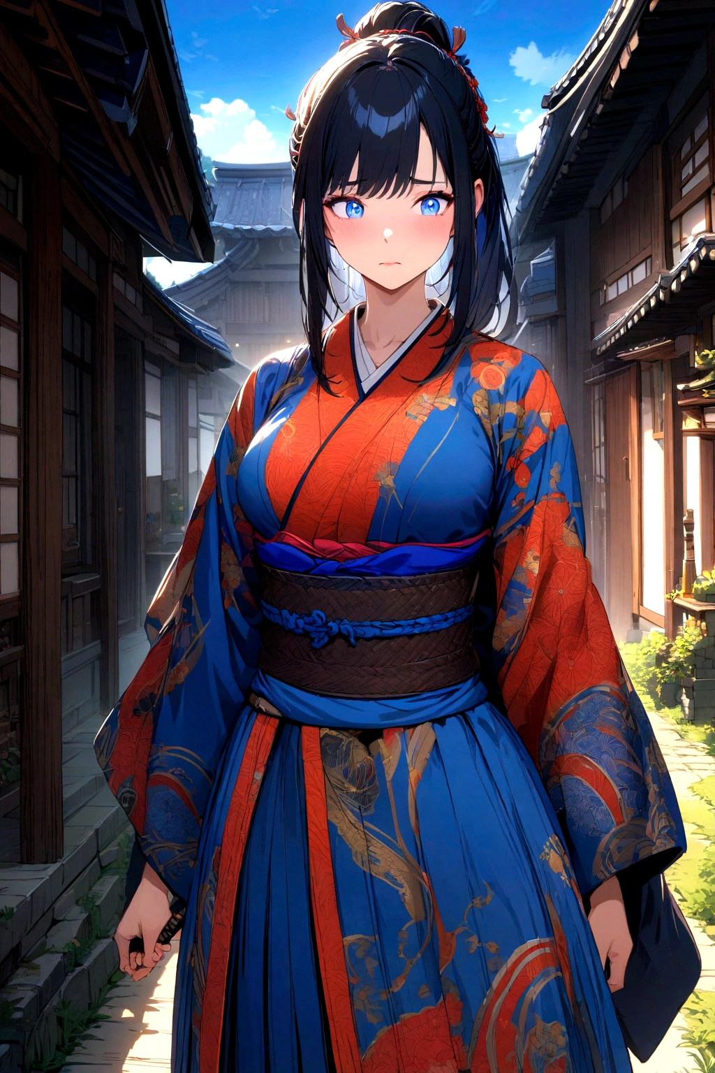 a beautiful anime girl, 1girl, long black hair with blue highlights, medium breasts, wearing a black and blue female samurai kimono, katana sheathed under her belt, looking shy, walking in a traditional japanese village, detailed face, detailed eyes, detailed hair, detailed clothes, detailed environment, digital art, highly detailed, intricate details, vibrant colors, dynamic lighting, cinematic composition, masterpiece