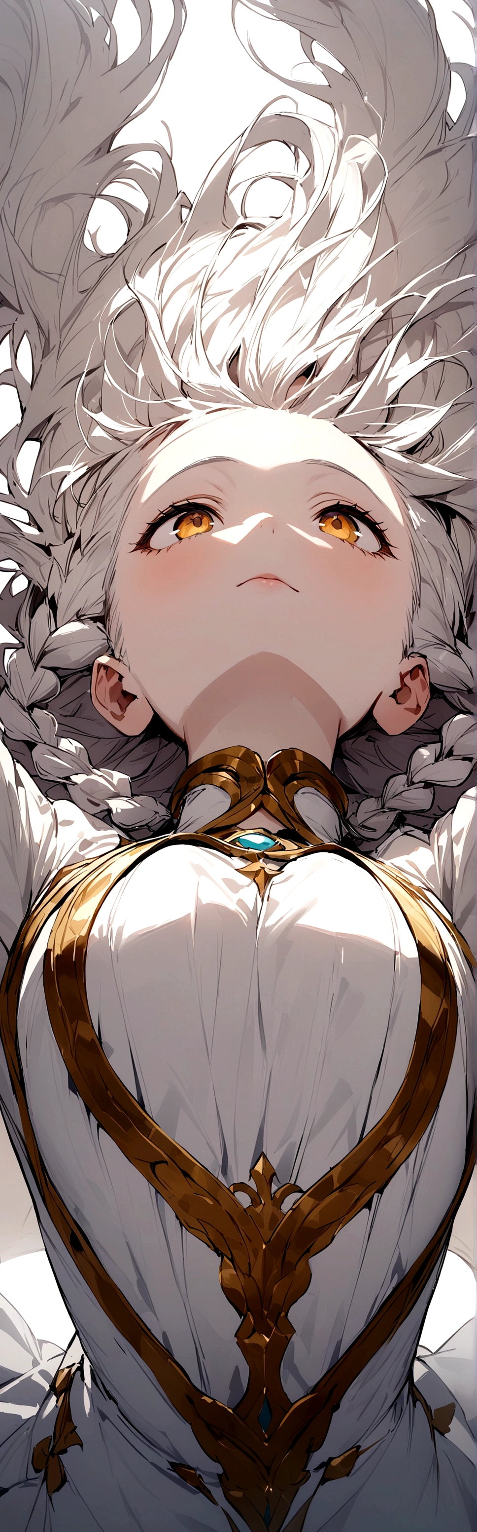 best quality, masterpiece,white hair, gold eyes,white clothes, looking up, upper body,hair strand,Fair skin,side braids