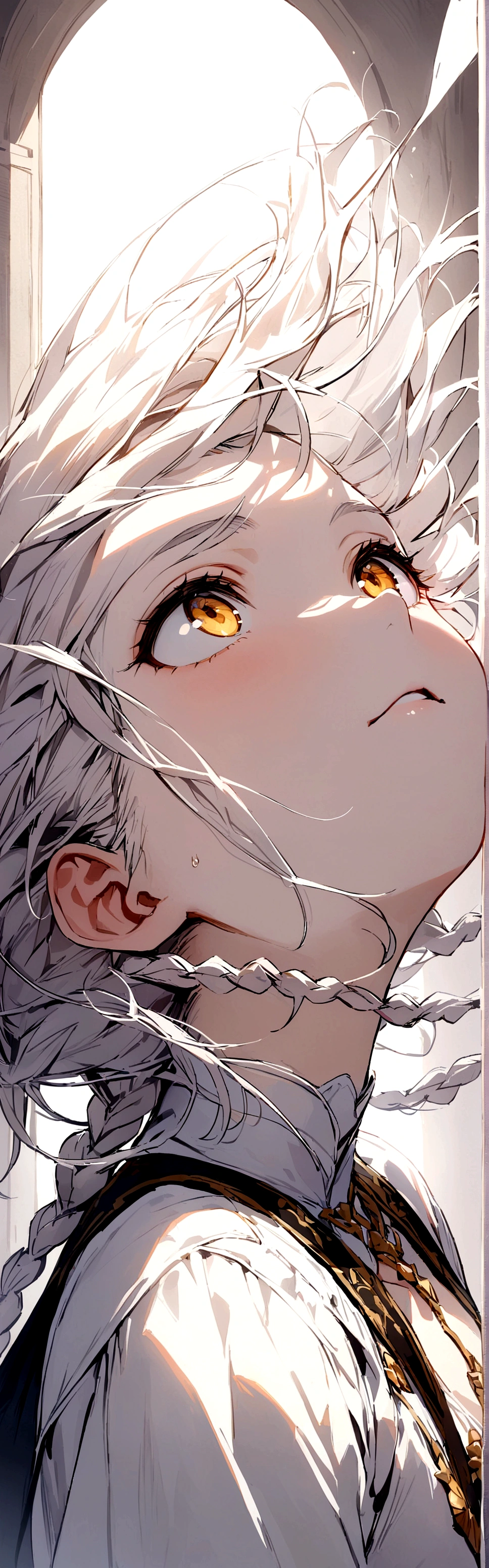 best quality, masterpiece,white hair, gold eyes,white clothes, looking up, upper body,hair strand,Fair skin,side braids